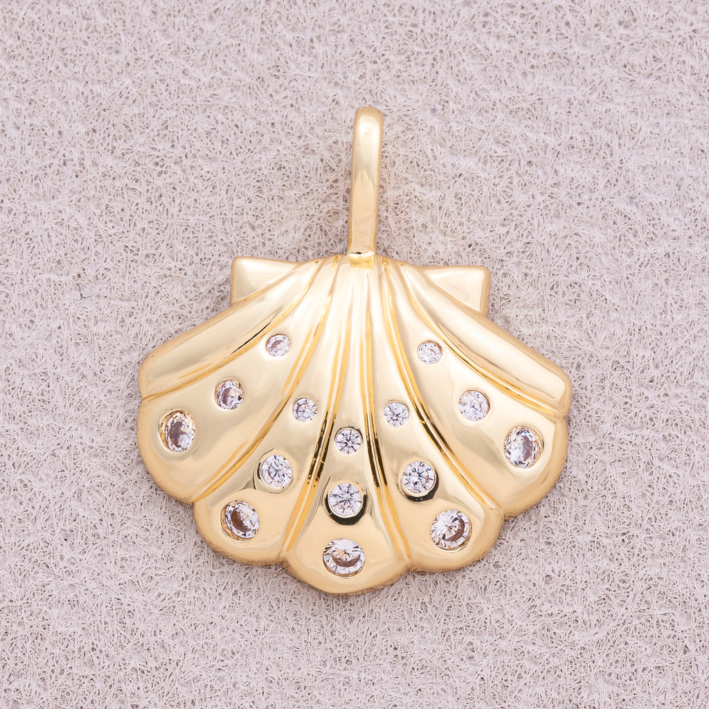 16K Gold Plated Micro Paved CZ Ocean Sea Shell Pendant - Sold Each