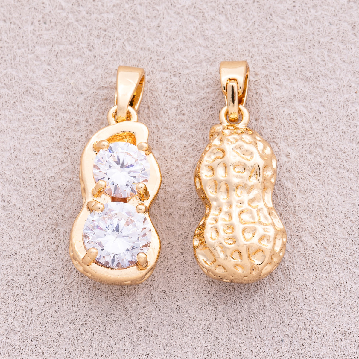 16K Gold Plated Clear CZ Peanut Textured Pendant - Sold Each