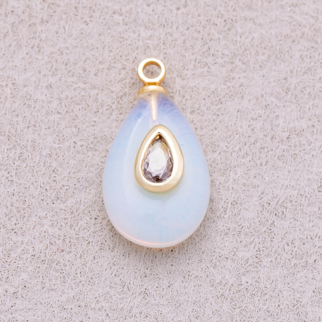 16K Gold Plated Clear CZ Embedded White Opal Gemstone Teardrop Charm - Sold Each
