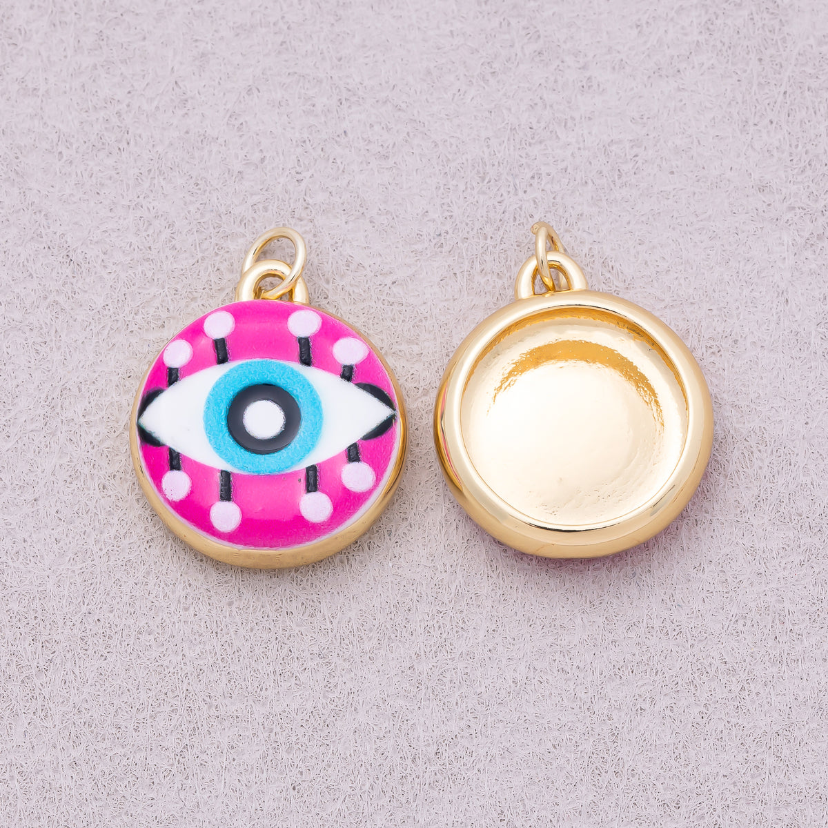16K Gold Plated Blue Pink Evil Eye Enamel Round Charm - Sold Each