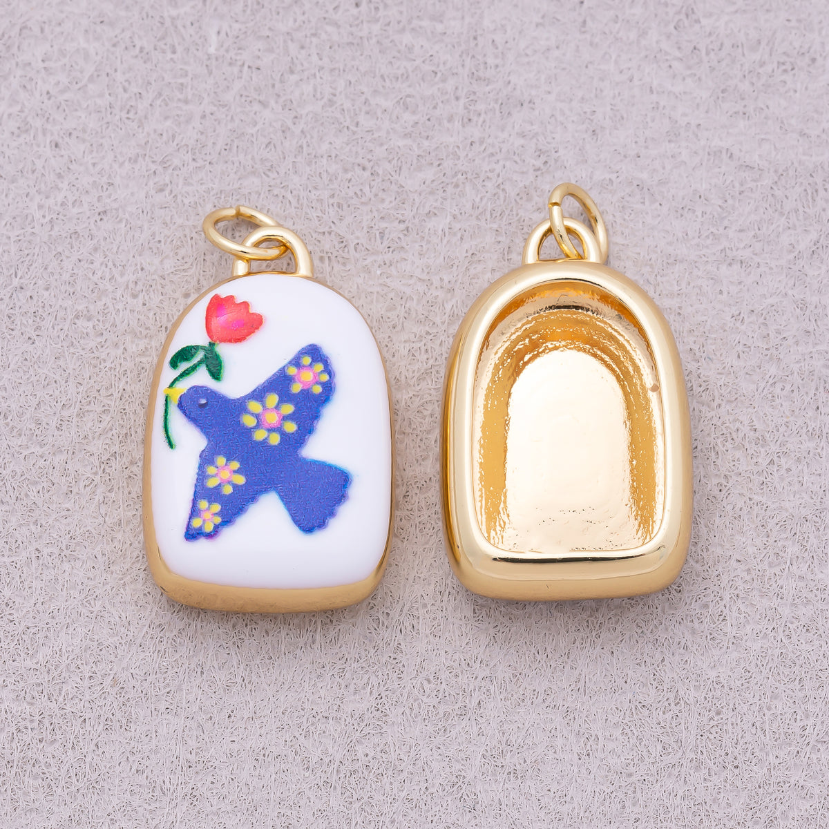 16K Gold Plated Bird Dove of Peace with Flower Plant Enamel Charm - Sold Each