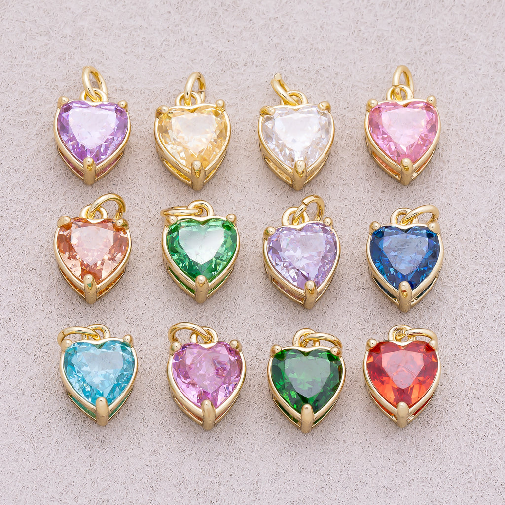 16K Gold Plated Colorful Birthstone CZ Heart Charm - Sold Each