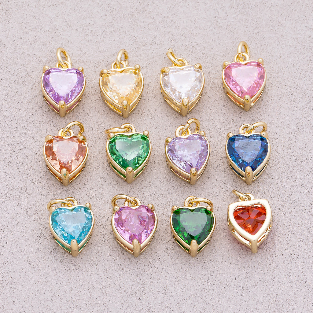 16K Gold Plated Colorful Birthstone CZ Heart Charm - Sold Each