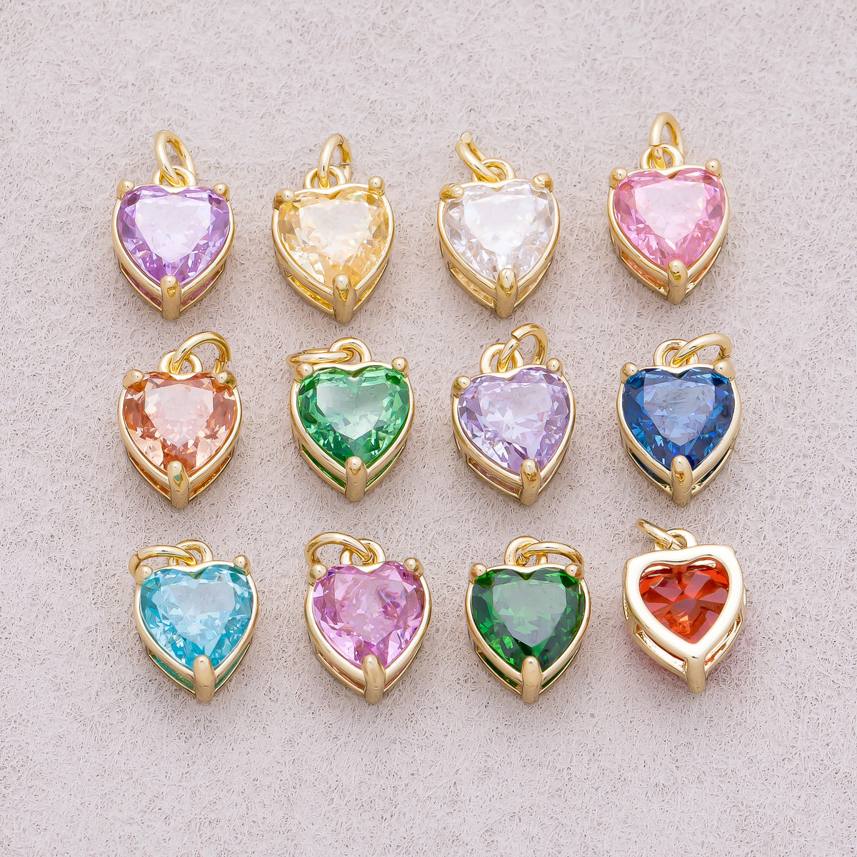 16K Gold Plated Colorful Birthstone CZ Heart Charm - Sold Each