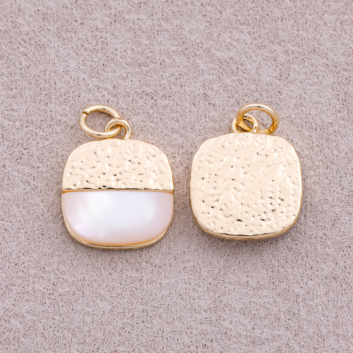 16K Gold Plated Mother Of Pearl Half Square Textured Medallion Charm - Sold Each