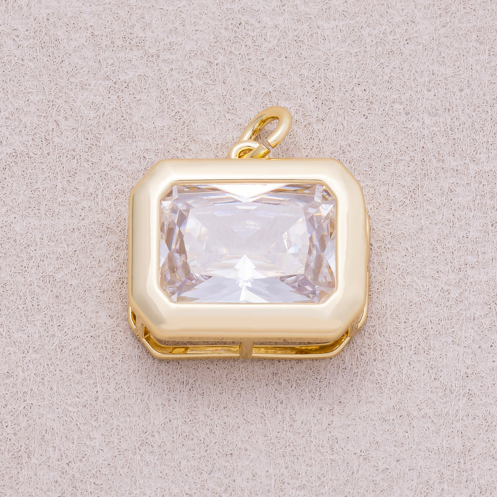 16K Gold Plated Solitaire Clear CZ Rectangular Bezel Charm - Sold Each
