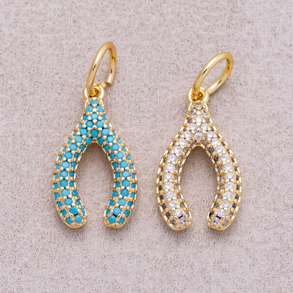 16K Gold Plated Turquoise and Clear Micro Paved CZ Wishbone Lucky Charm - Sold Each