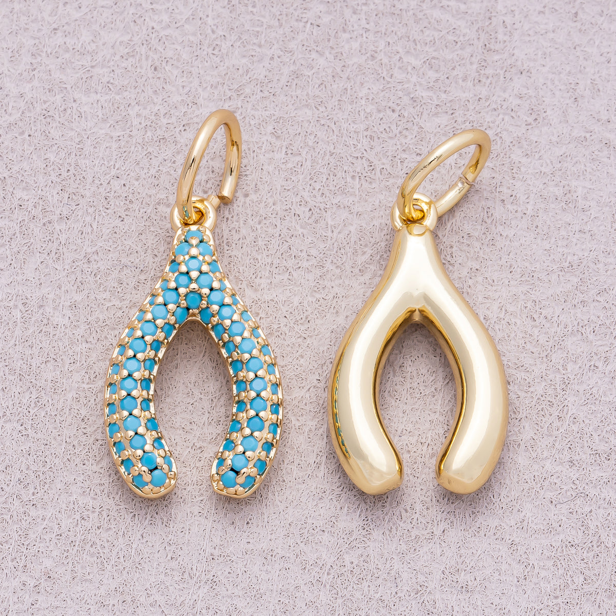 16K Gold Plated Turquoise and Clear Micro Paved CZ Wishbone Lucky Charm - Sold Each