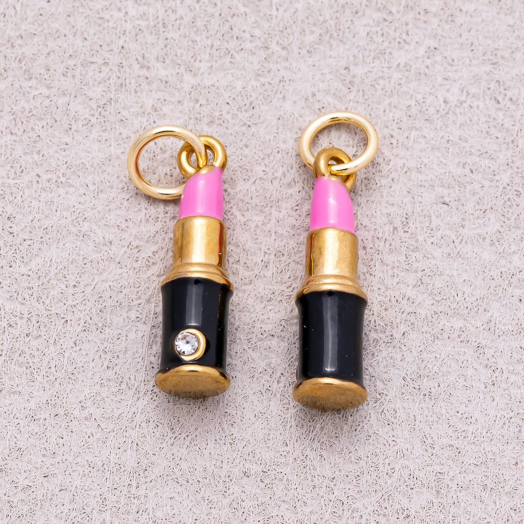 Gold PVD Stainless Steel Pink Lipstick Enamel Charm