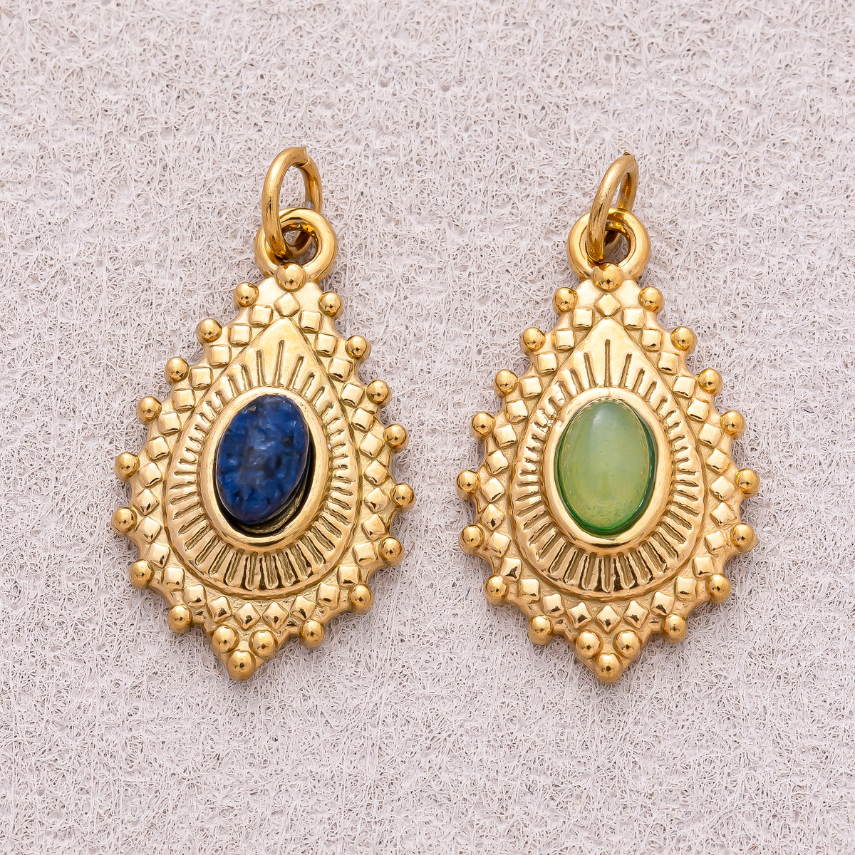 Gold PVD Stainless Steel Sapphire & Olive Oval Vintage Teardrop Sunrays Natural Gemstone Charm