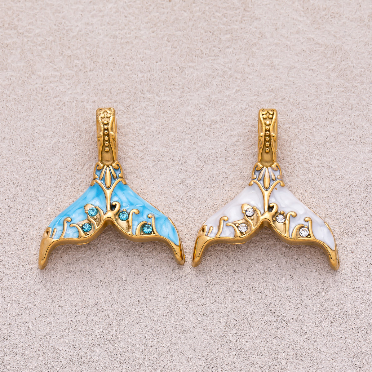 Gold PVD Stainless Steel Clear CZ Blue and White Mother of Pearl Mermaid Tail Fish Charm