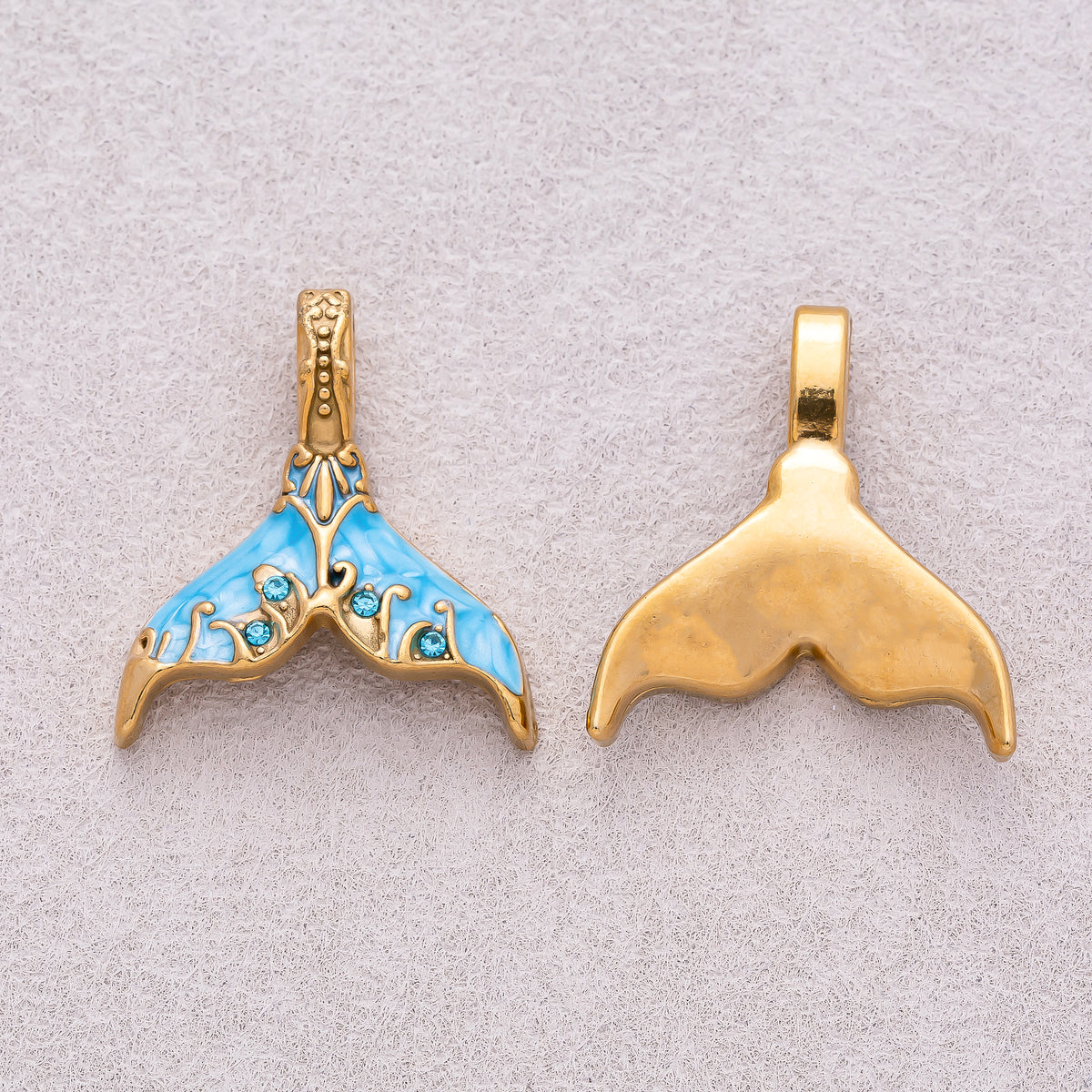 Gold PVD Stainless Steel Clear CZ Blue and White Mother of Pearl Mermaid Tail Fish Charm