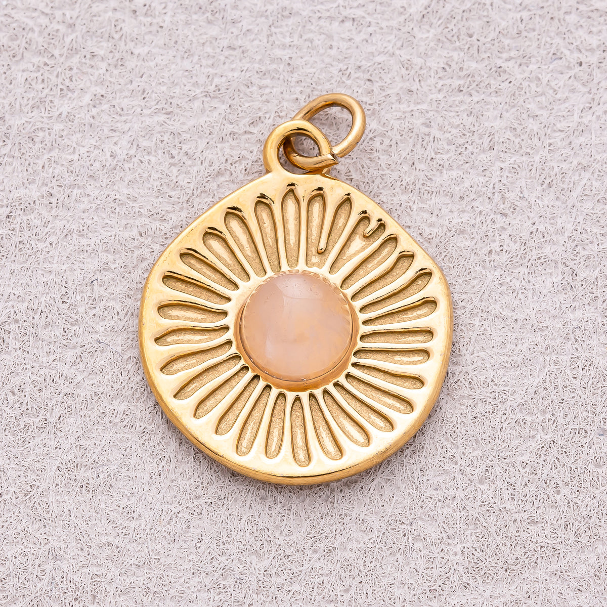 Gold PVD Stainless Steel Rose Quartz Cabochon Natural Gemstone Sunburst Medallion Charm