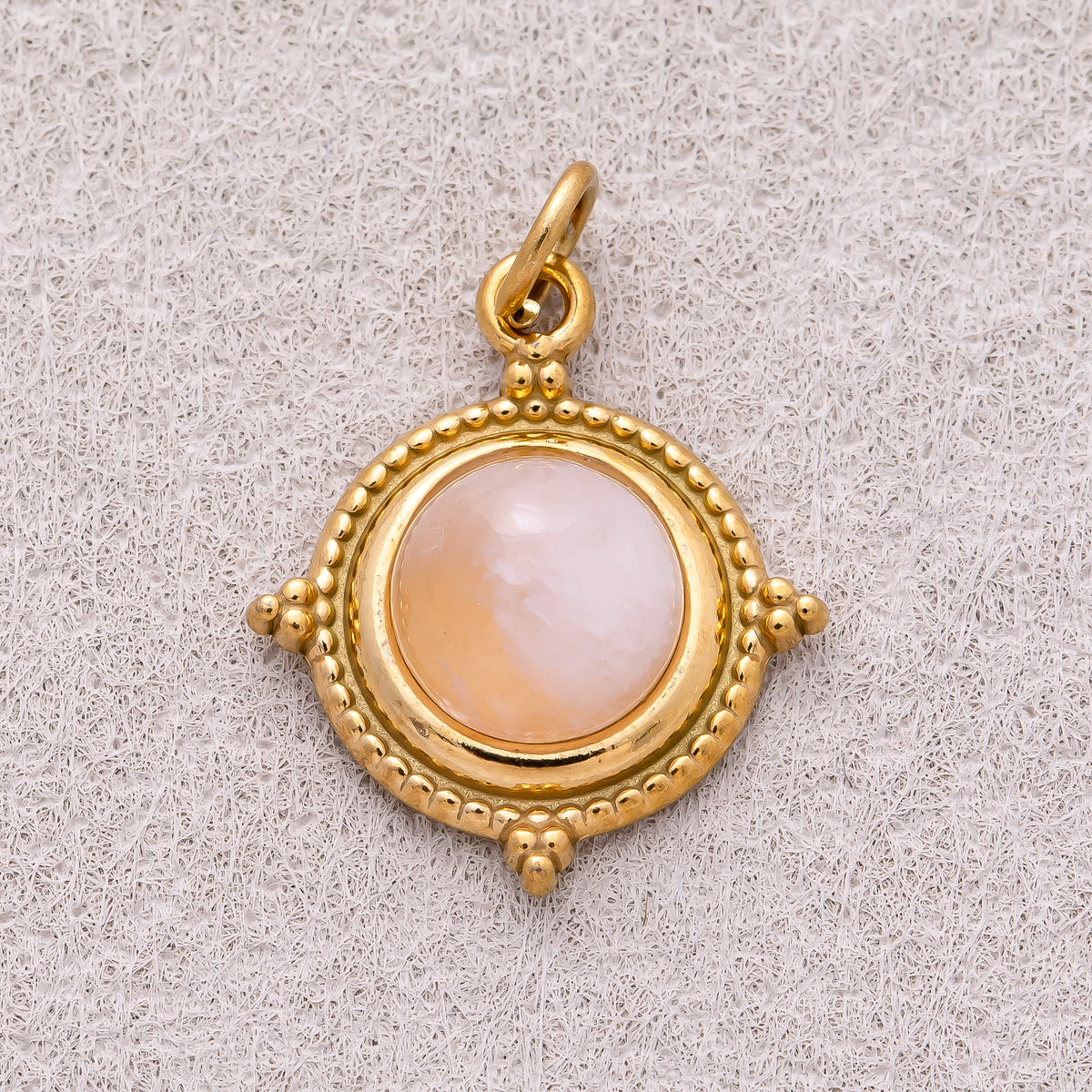 Gold PVD Stainless Steel Rose Quartz Cabochon Natural Gemstone Ribbed Medallion Charm