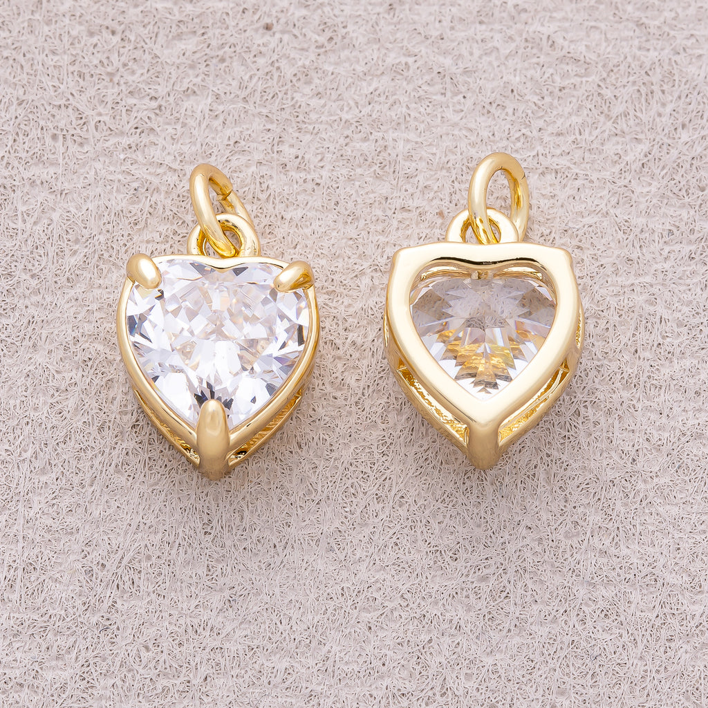 16K Gold Plated Clear CZ Love Heart Charm - Sold Each