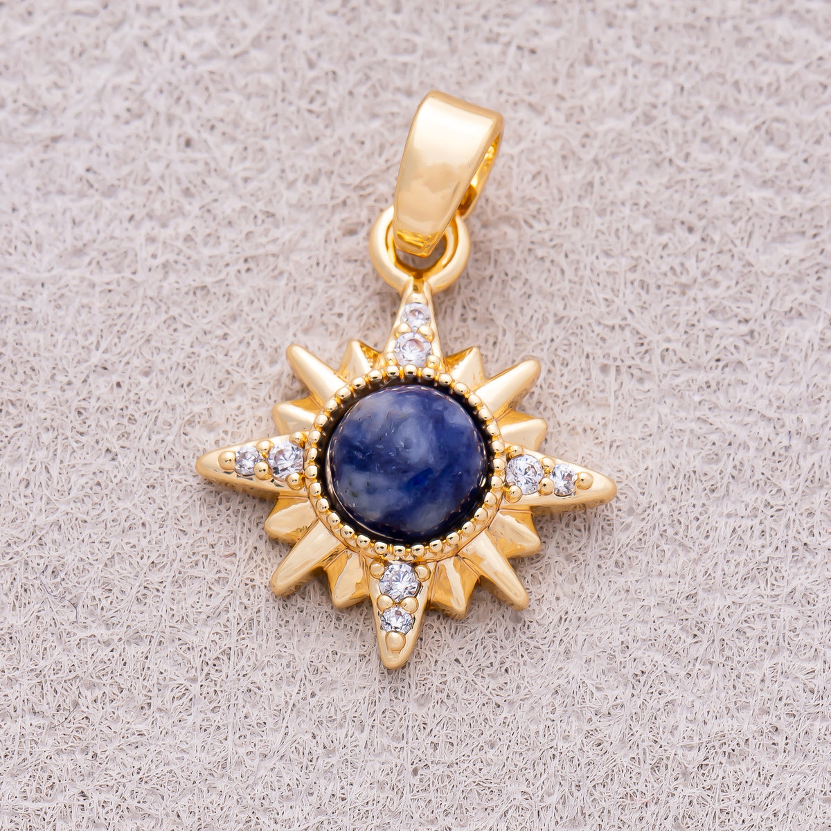 16K Gold Plated Clear CZ Blue Lapis Lazuli Gemstone Celestial Star Sun Pendant - Sold Each