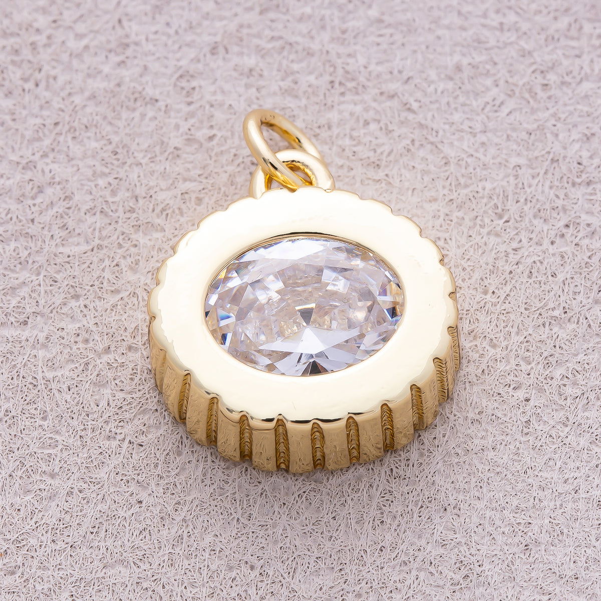 16K Gold Plated Clear CZ Round Solitaire Ribbed Charm - Sold Each
