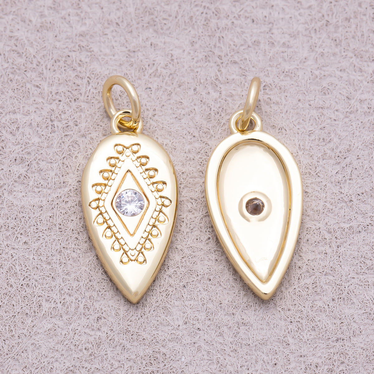 16K Gold Plated Clear CZ Religious Evil Eye Rhombus Teardrop Charm - Sold Each