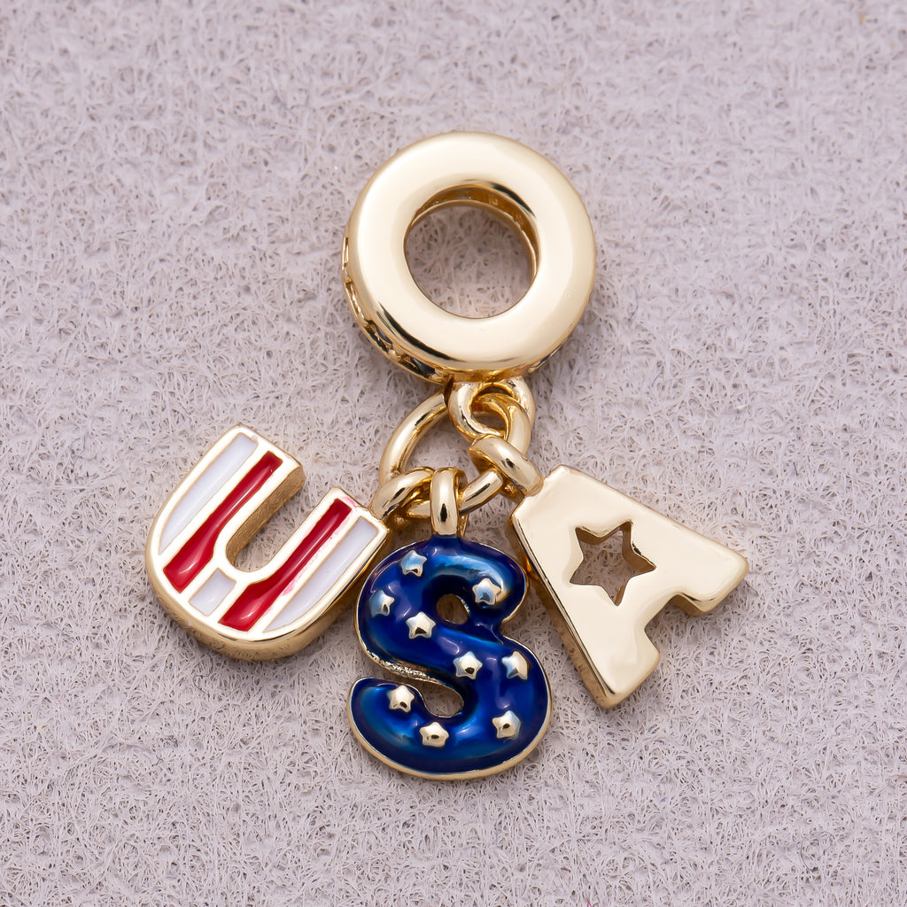 16K Gold Plated Clear CZ Letter USA Flag Enamel Pendant - Sold Each