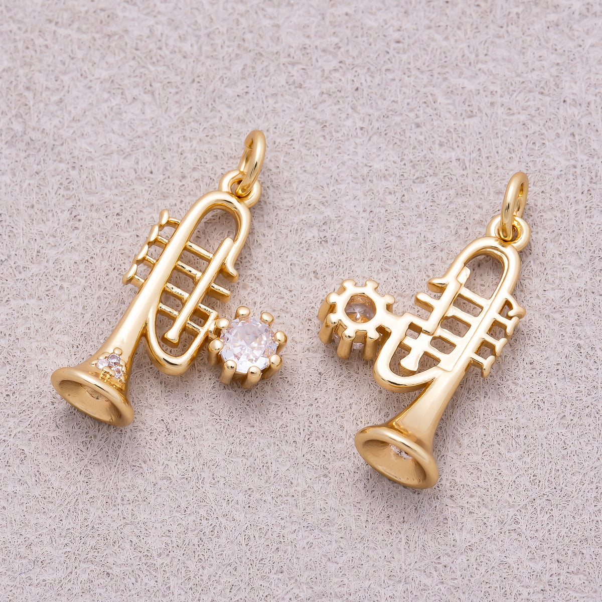 16K Gold Plated Clear CZ 3D Trumpet Musical Instrument Charm - Sold Each