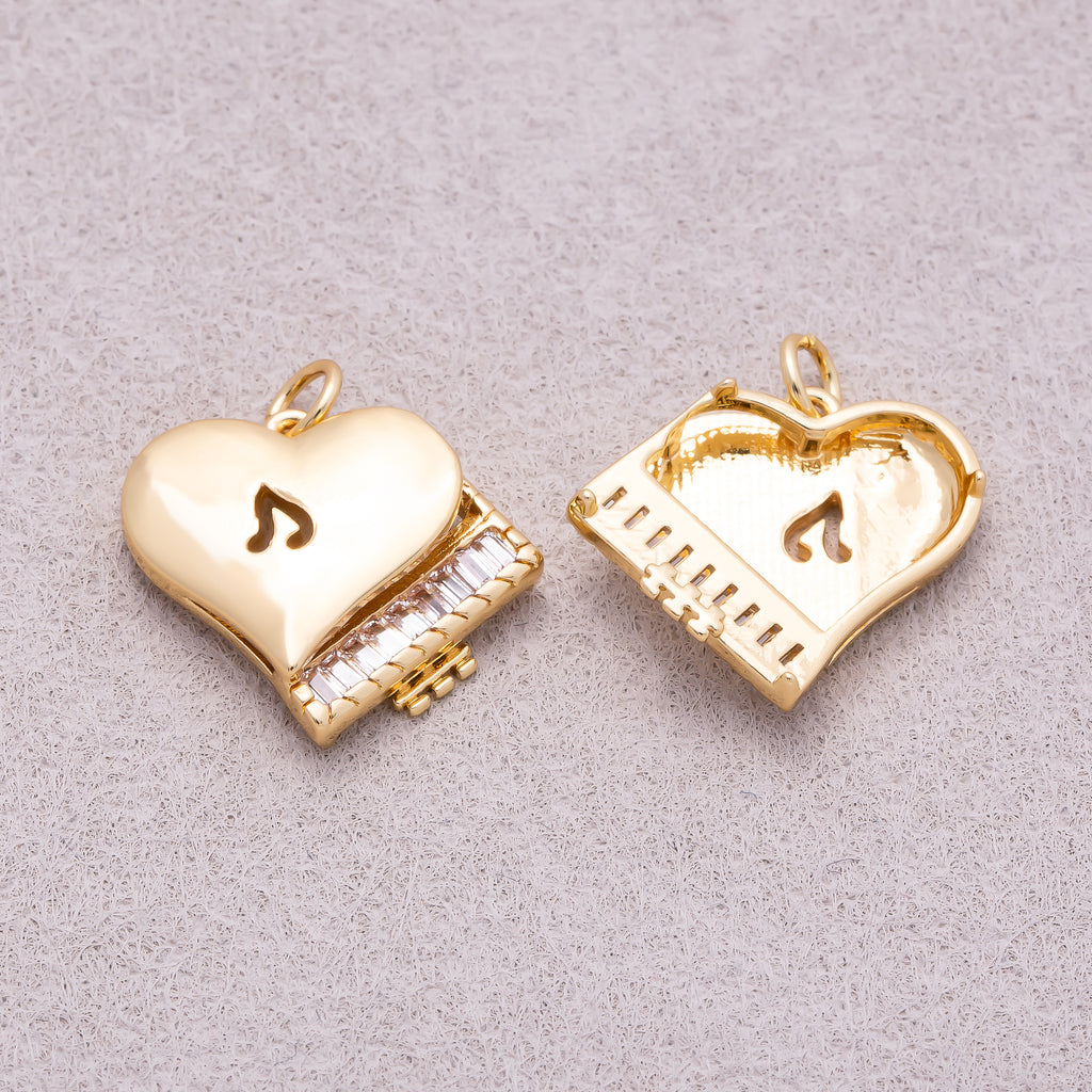 16K Gold Plated Baguette CZ Heart Piano Musical Instrument Charm - Sold Each