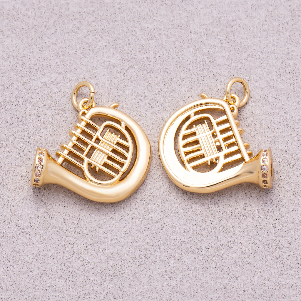 16K Gold Plated Clear CZ French Horn Musical Instrument Charm - Sold Each