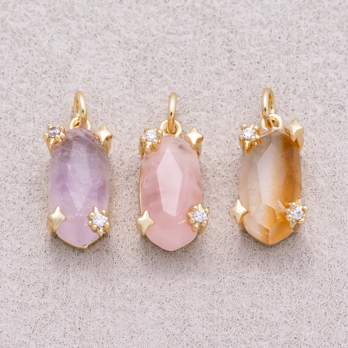 16K Gold Plated Faceted Natural Gemstone with Celestial Star Rectangular Pendant - Sold Each