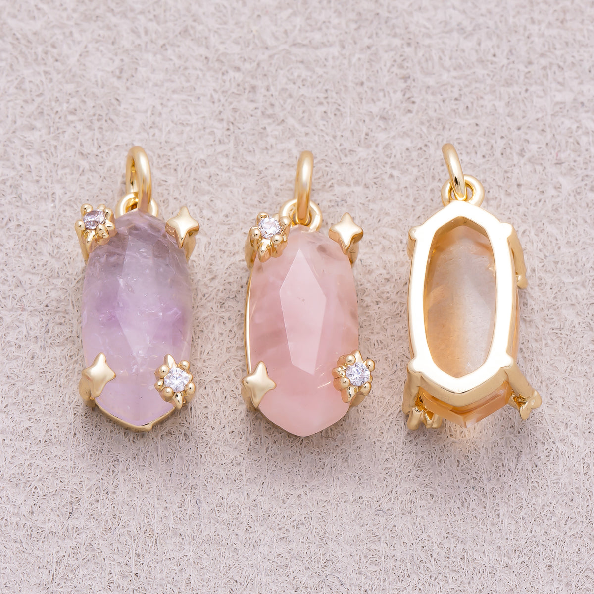 16K Gold Plated Faceted Natural Gemstone with Celestial Star Rectangular Pendant - Sold Each