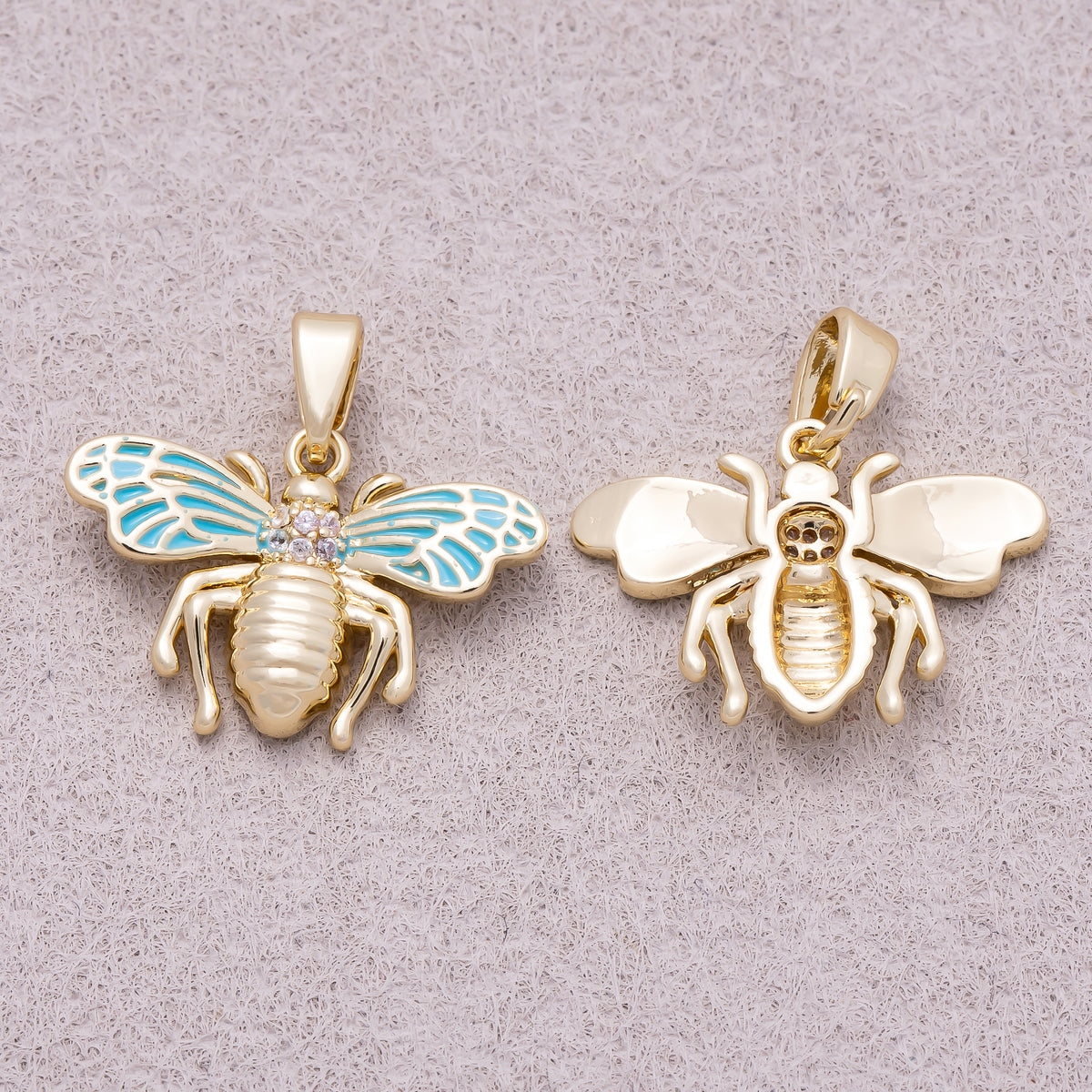 16K Gold Plated Clear CZ Blue Enamel Bumble Bee Animal Pendant - Sold Each