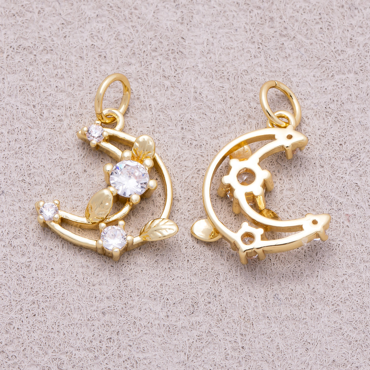 16K Gold Plated Clear CZ Celestial Open Crescent Moon Charm - Sold Each