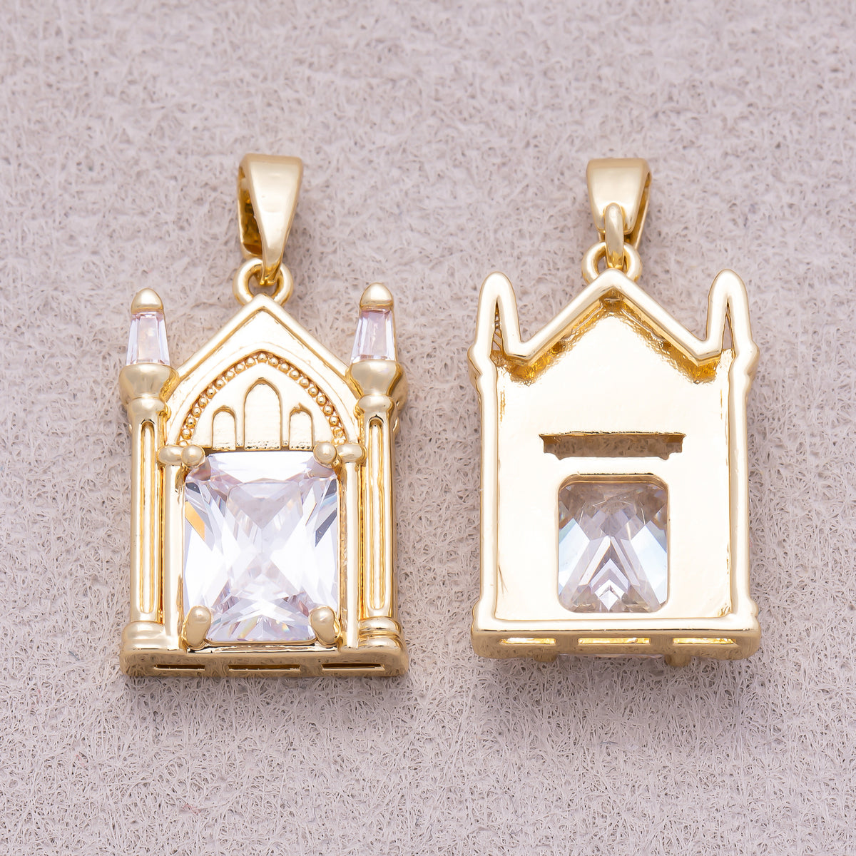 16K Gold Plated Clear CZ Architectural Vintage Church Pendant - Sold Each