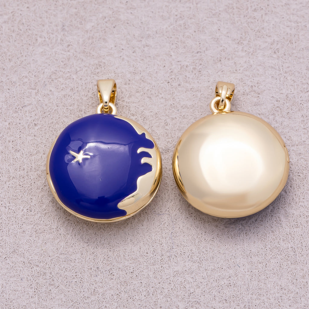 16K Gold Plated Blue Sapphire Starry Sky Round Open Locket Pendant - Sold Each