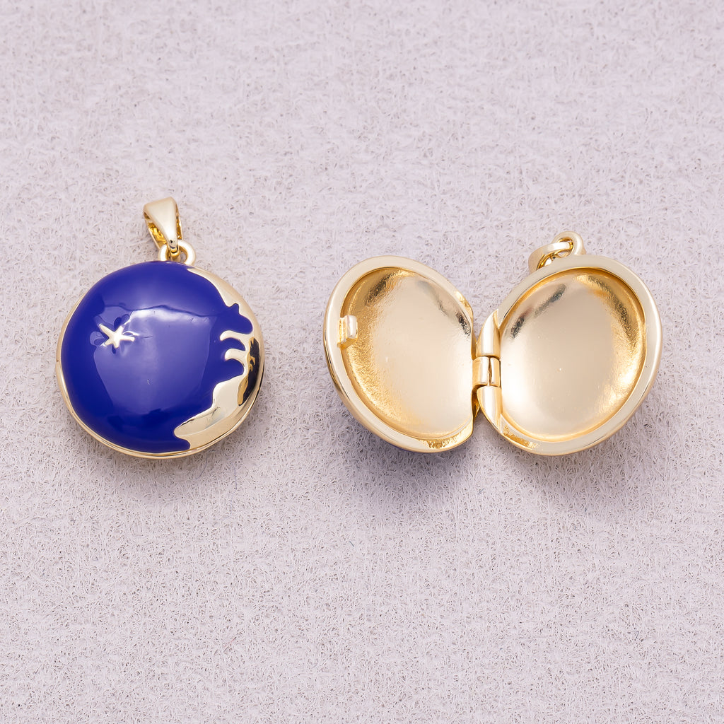 16K Gold Plated Blue Sapphire Starry Sky Round Open Locket Pendant - Sold Each