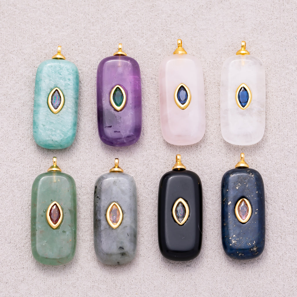 18K Gold Plated Multicolor Bezel set Natural Gemstone Rectangular Pendant - Sold Each