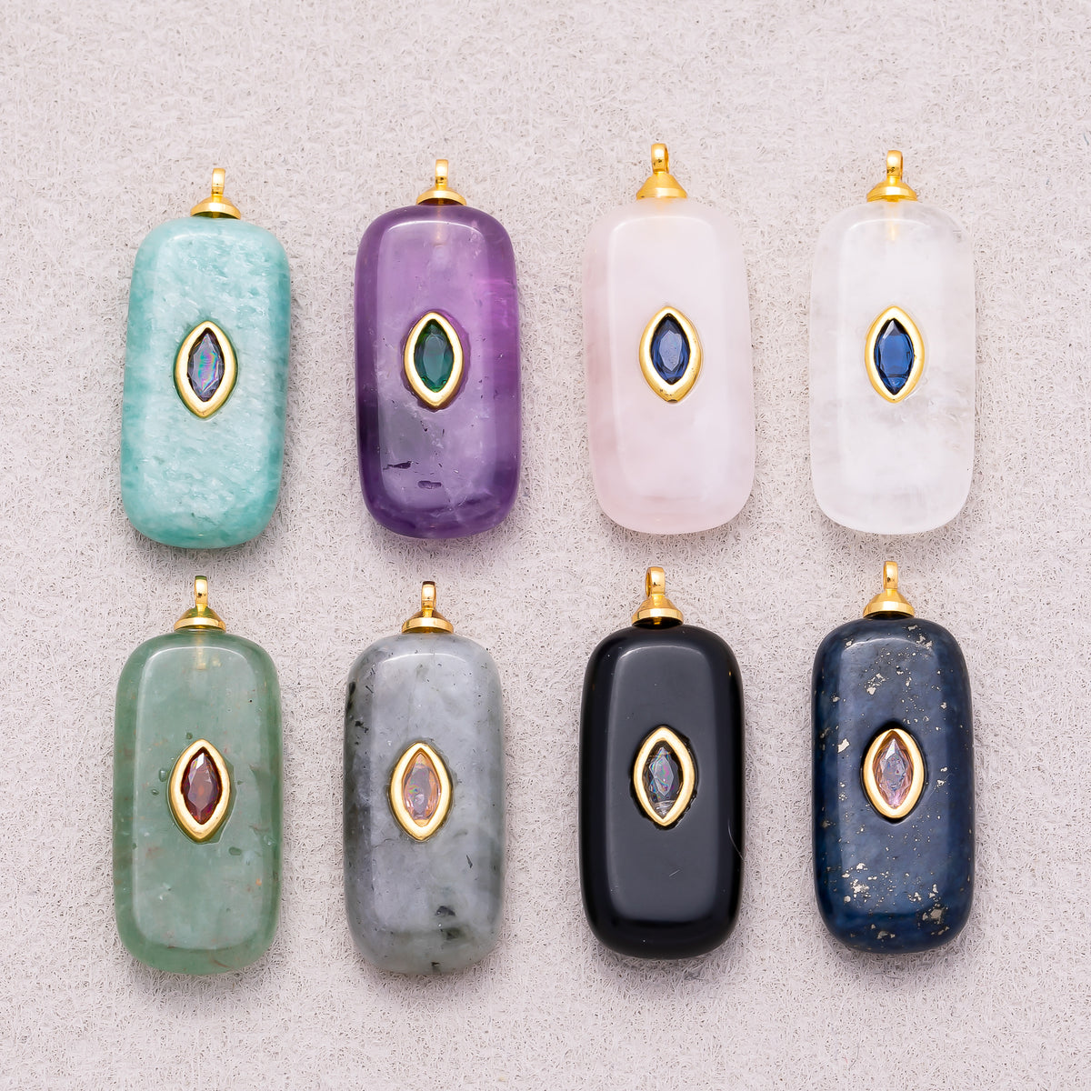 18K Gold Plated Multicolor Bezel set Natural Gemstone Rectangular Pendant - Sold Each
