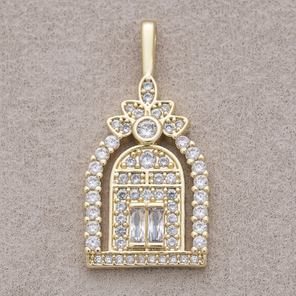 16K Gold Plated Clear Baguette Micro Paved CZ Flower Garden Gate Doorway Pendant - Sold Each
