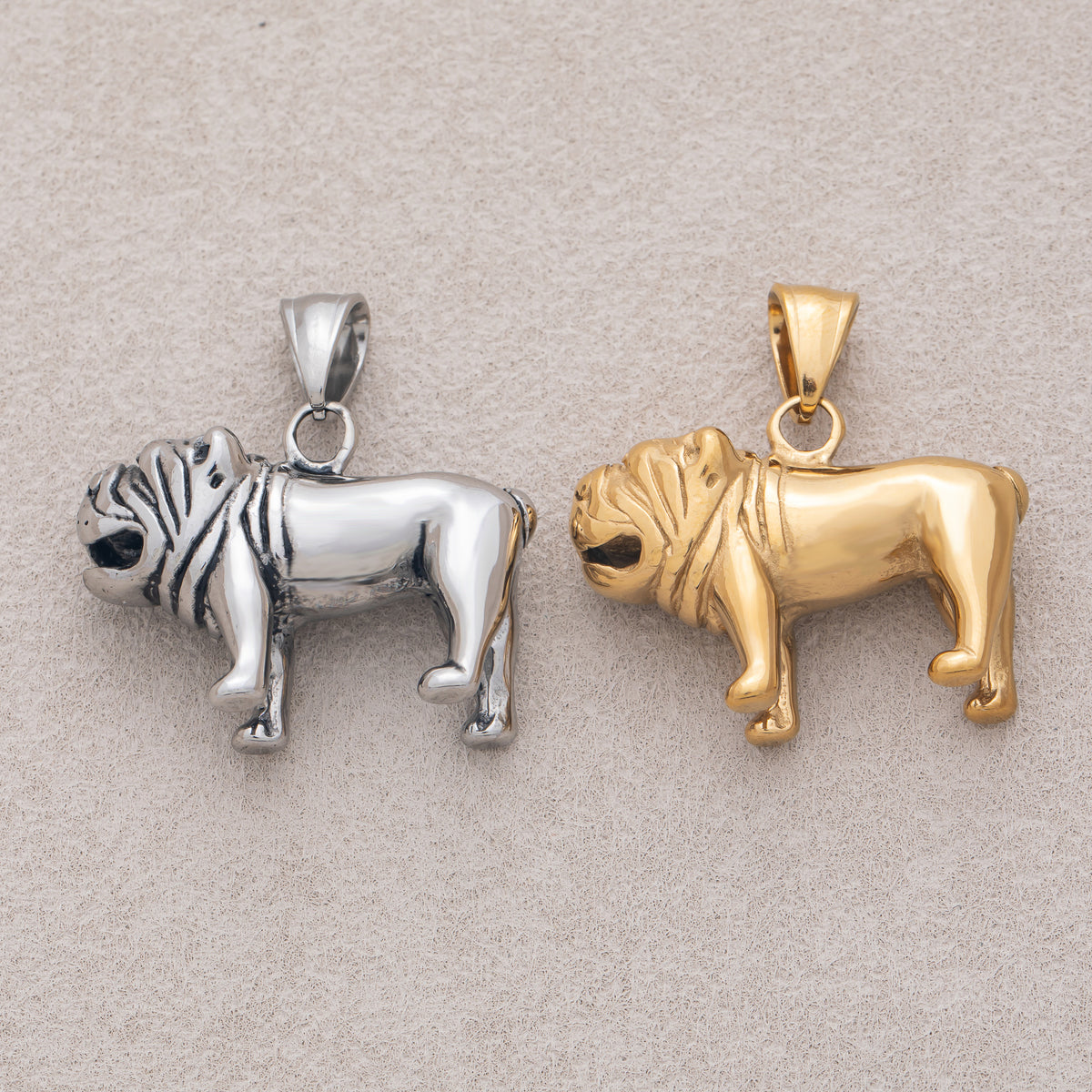 Gold PVD Stainless Steel Bulldog Animal Pet Multidimensional Pendant in Gold & Silver