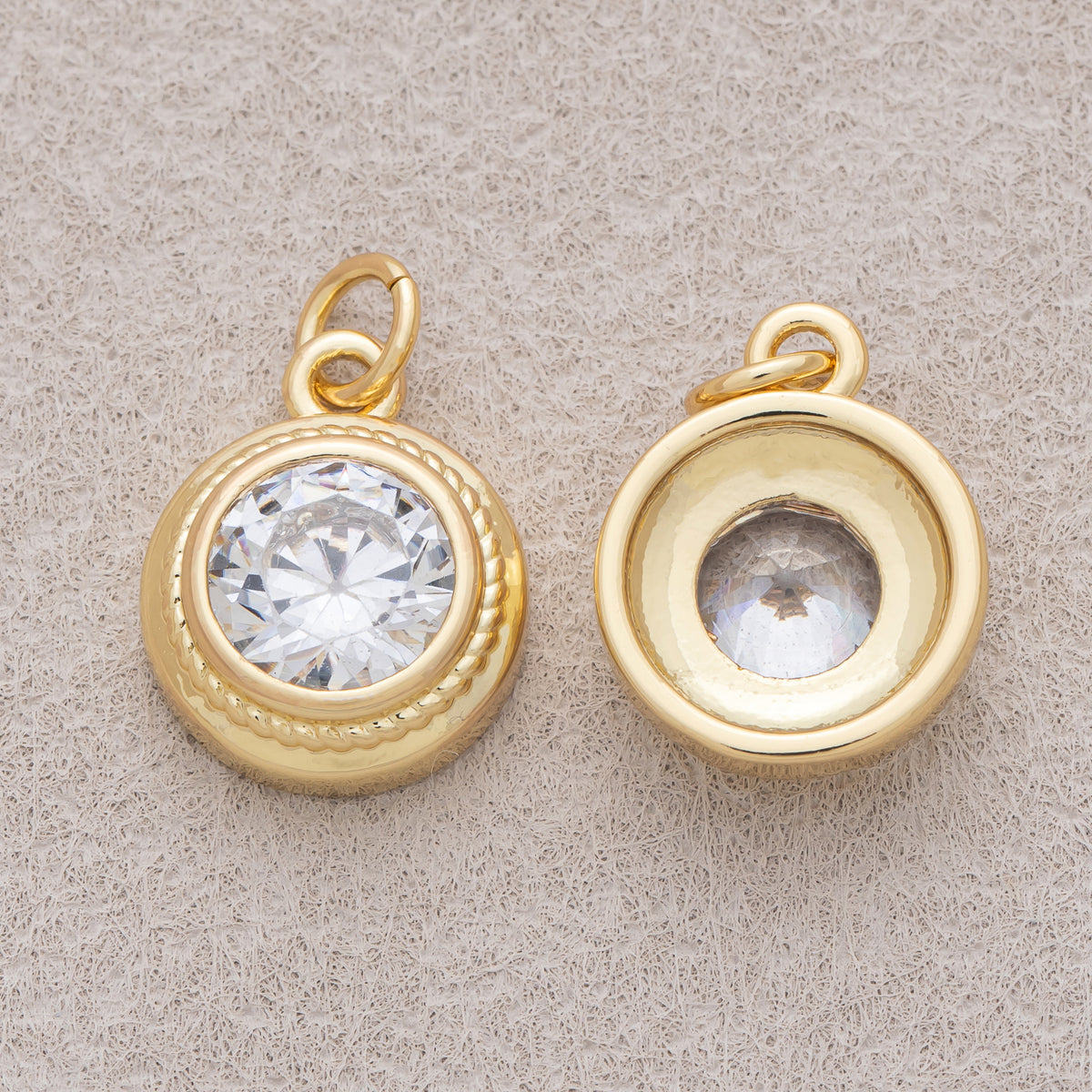 16K Gold Plated Clear CZ Minimalist Bezel Round Charm - Sold Each