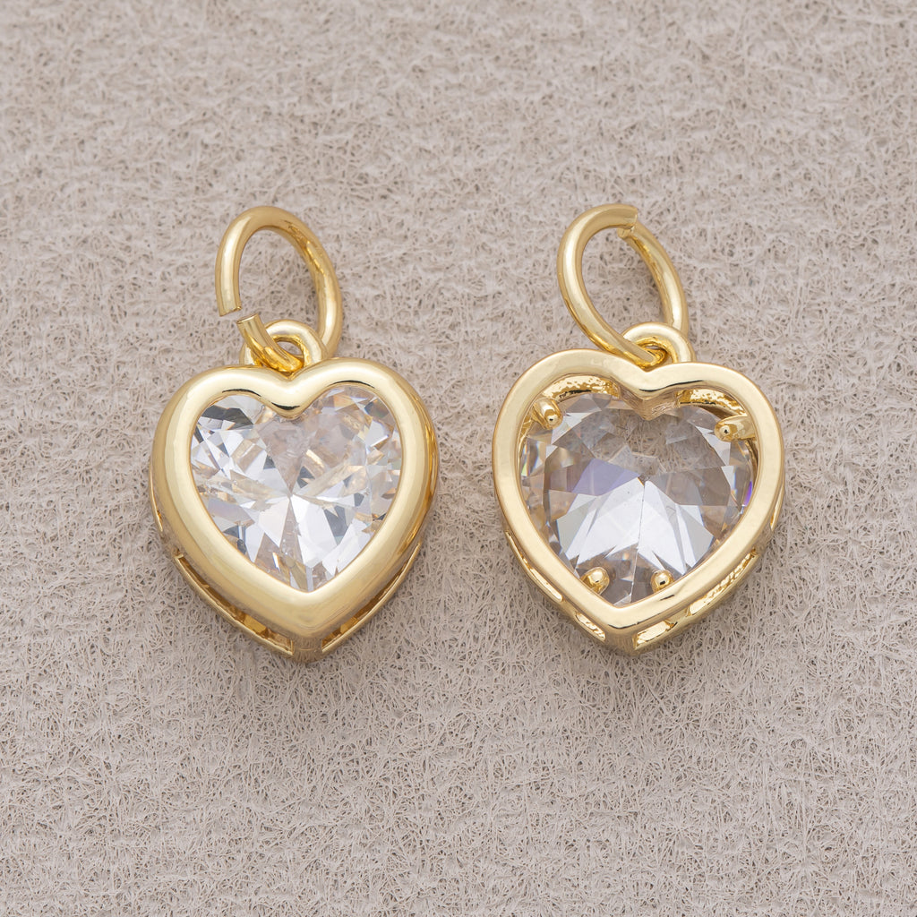 16K Gold Plated Clear CZ Minimalist Bezel Heart Charm - Sold Each
