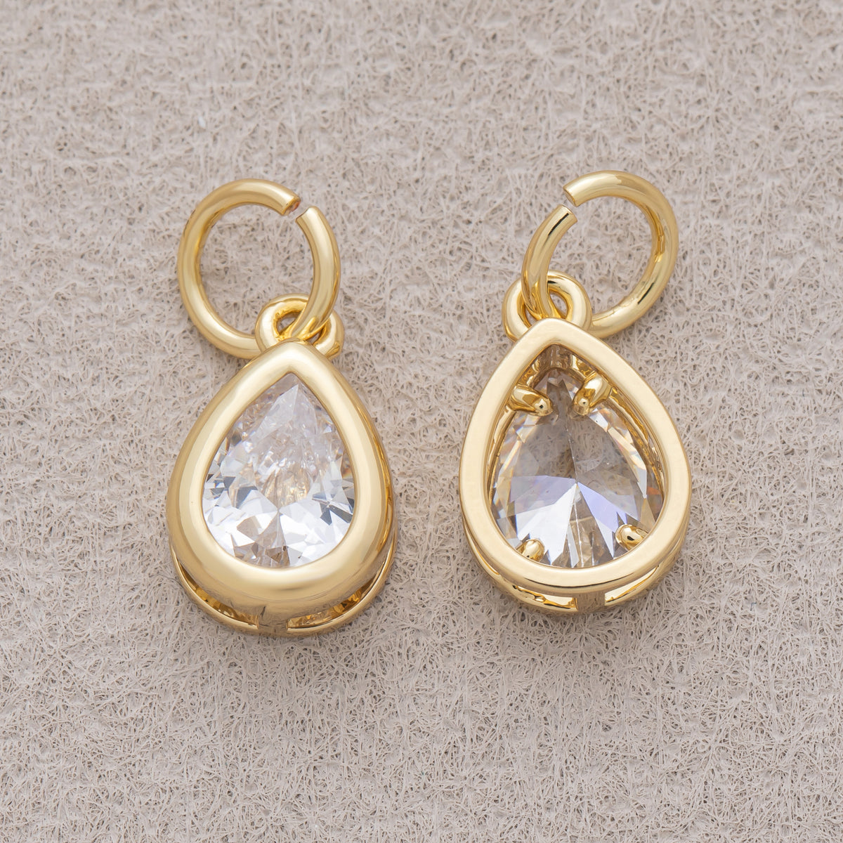 16K Gold Plated Clear CZ Minimalist Bezel Teardrop Charm - Sold Each