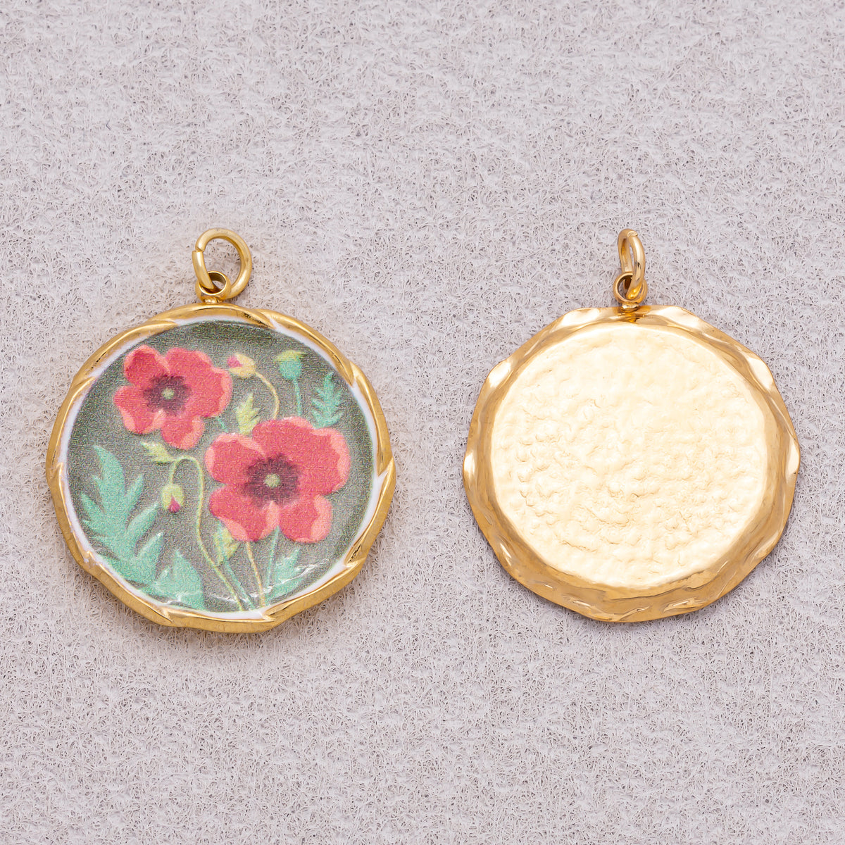 Gold PVD Stainless Steel Hand-Painted Red Poppy Flower Round Charm