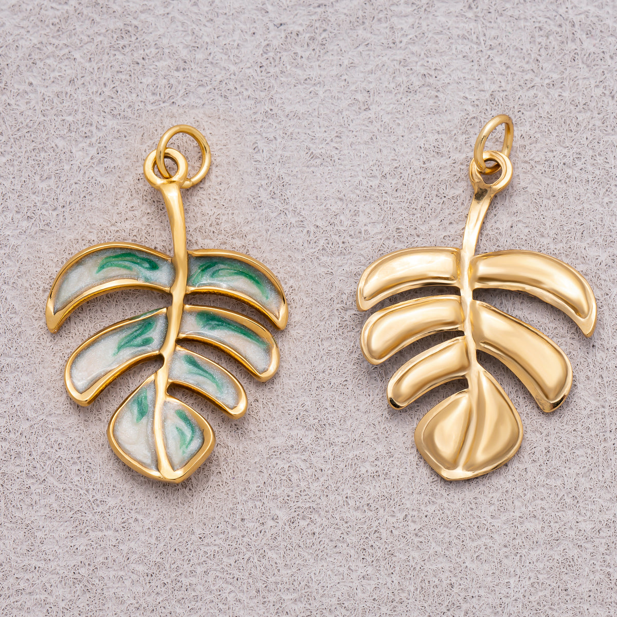 Gold PVD Stainless Steel Green Enamel Tropical Palm Tree Leaf Monstera Charm