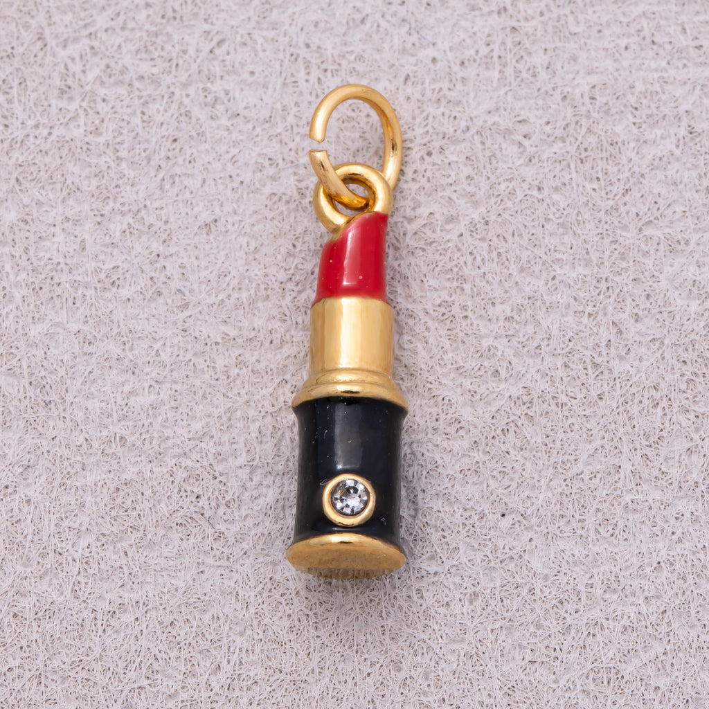 Gold PVD Stainless Steel Clear CZ Red Enamel Lipstick Make Up Charm