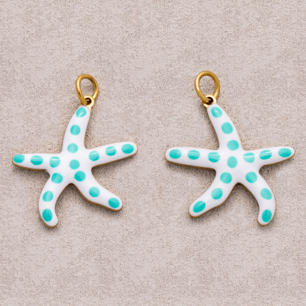 Gold PVD Stainless Steel Blue White Dotted Ocean Starfish 3D Multidimensional Charm
