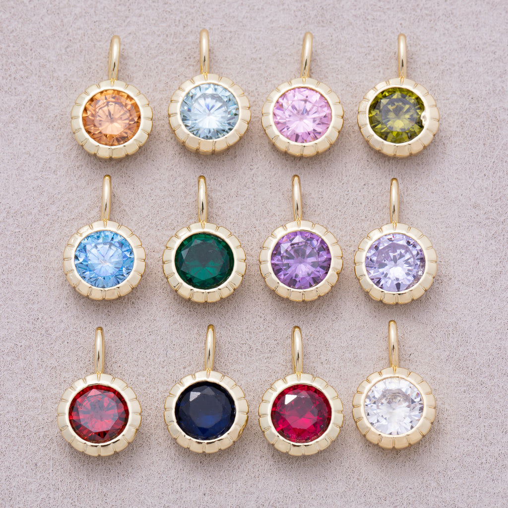 16K Gold Plated Birthstone Round CZ Ribbed Bezel Mini Pendant - Sold Each