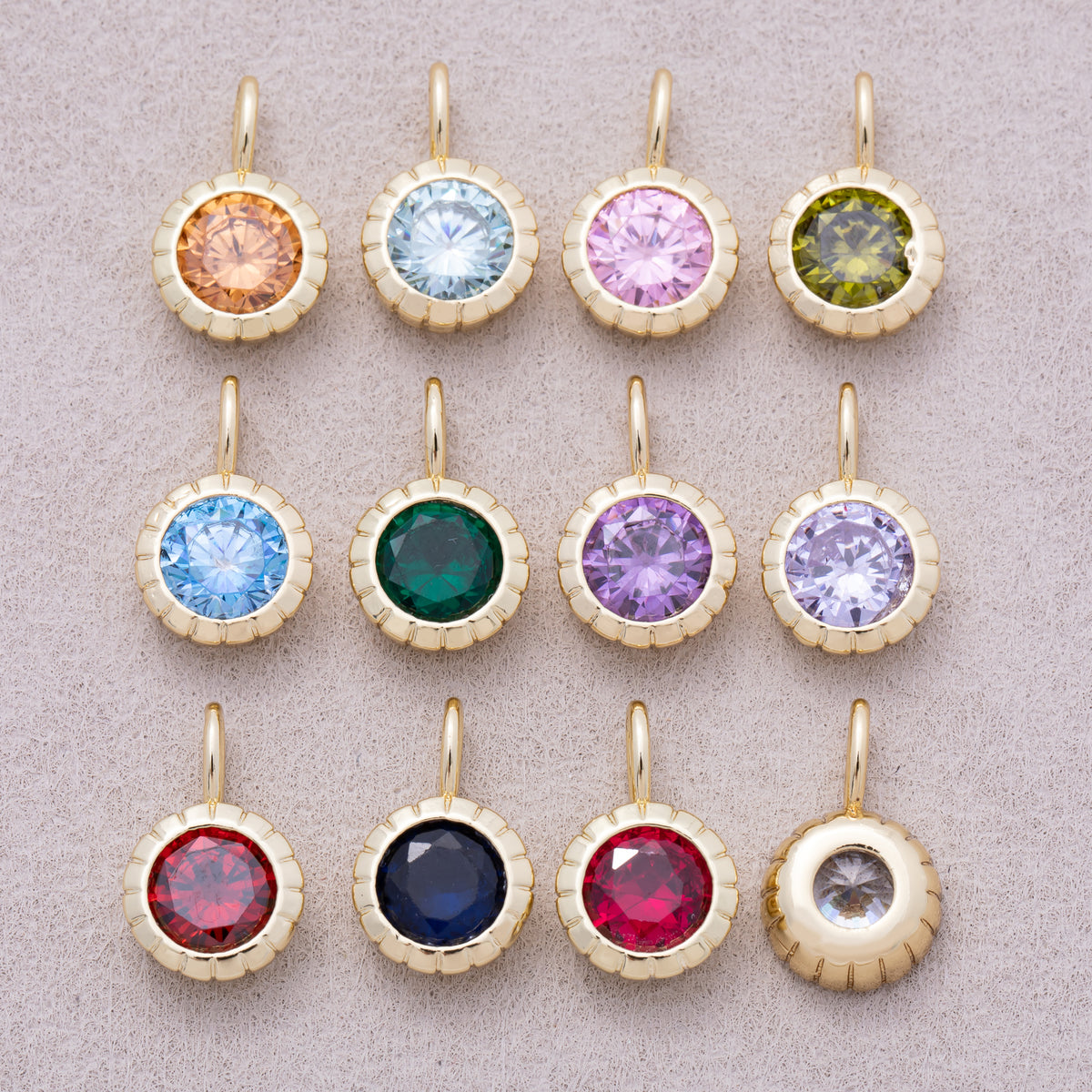 16K Gold Plated Birthstone Round CZ Ribbed Bezel Mini Pendant - Sold Each