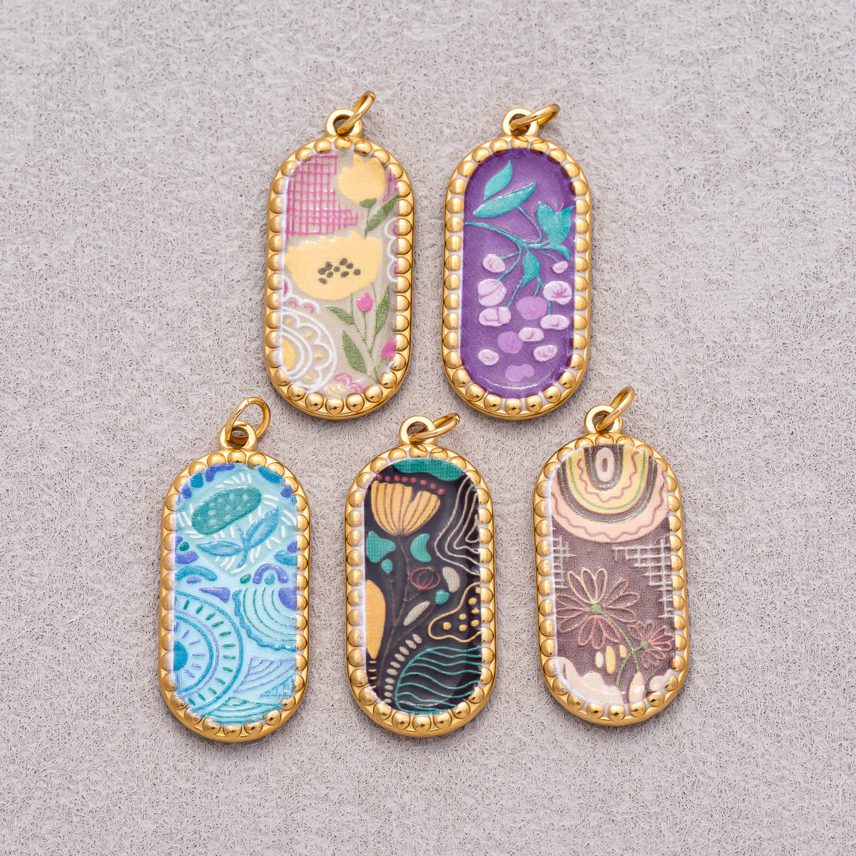 Gold PVD Stainless Steel Oval Floral Enamel Tag Pendants