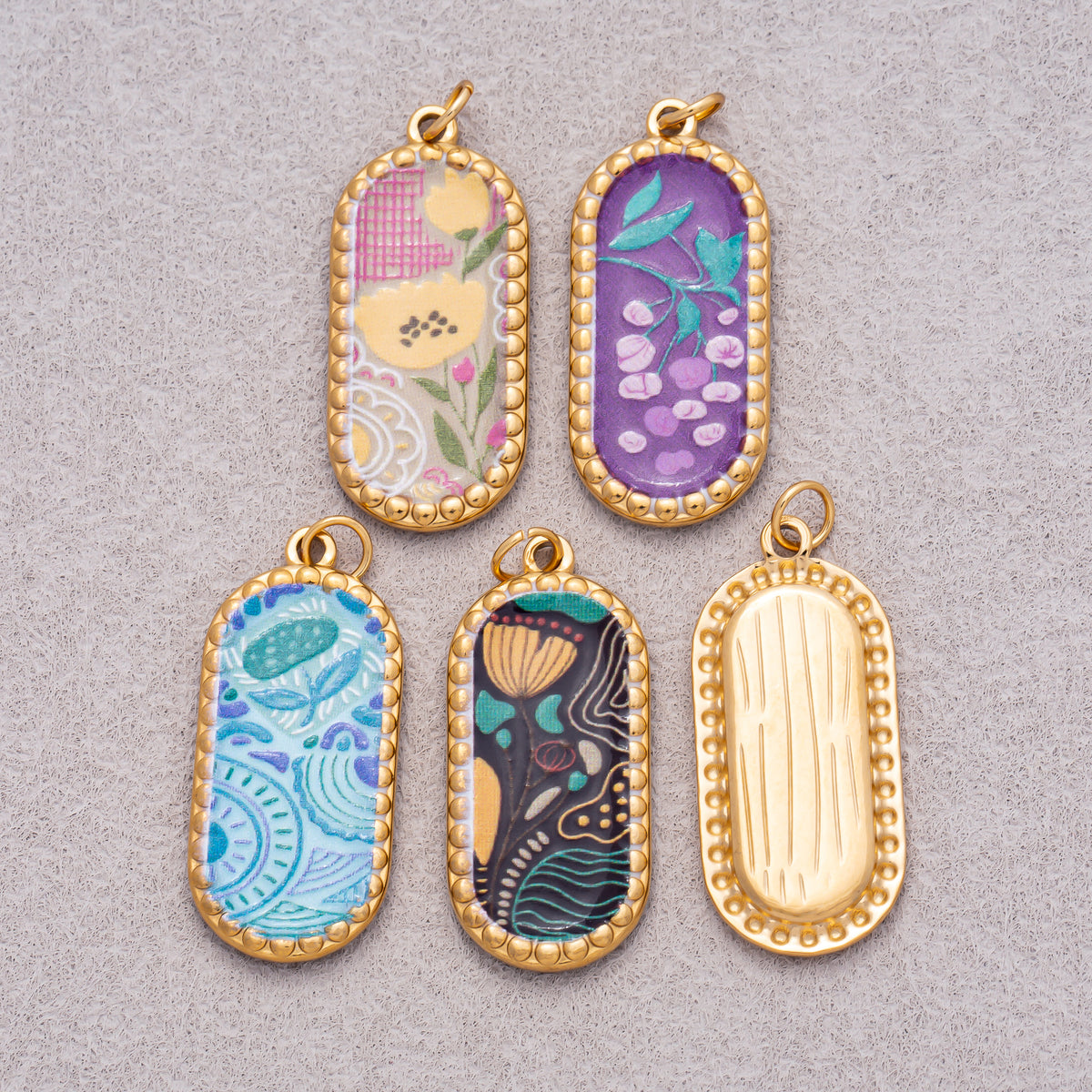 Gold PVD Stainless Steel Oval Floral Enamel Tag Pendants
