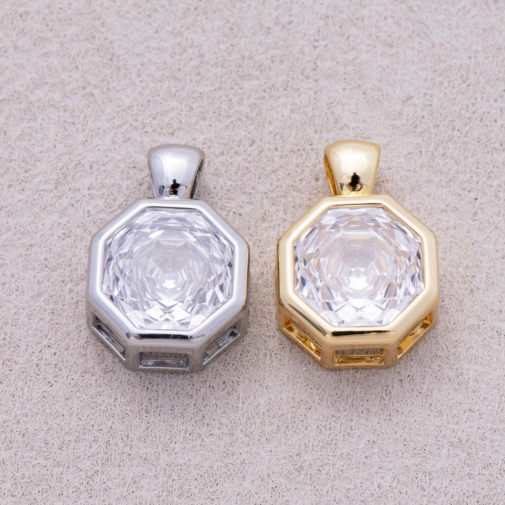 16K Gold Plated Clear CZ Mini Hexagon Bezel Pendant - Sold Each