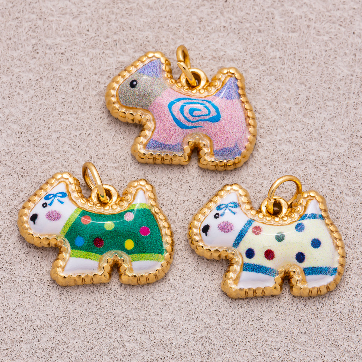 Gold PVD Stainless Steel Green, Yellow, Pink Cute Enamel Kitten Animal Charm